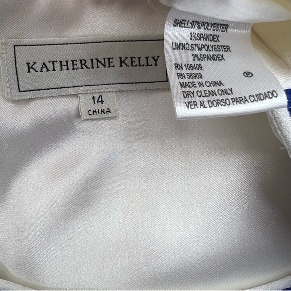 Katherine Kelly Embroidered Sleeveless Sheath Dress Scoop Neck White Blue Sz 14 - Picture 4 of 7